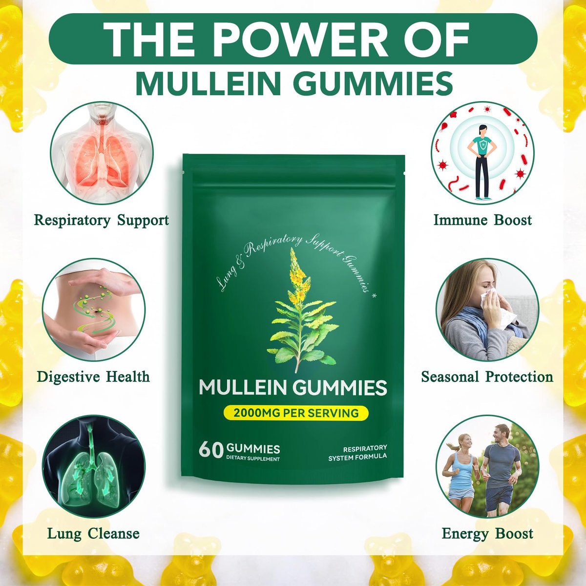 MXCZBSM 60 Stück Mullein Gummibärchen für die Lunge, 2000 mg Bio-Mullein Blattextrakt für Lungen- und Atemwegsunterstützung, natürliches Mullein Kräuterergänzungsmittel, Birnengeschmack