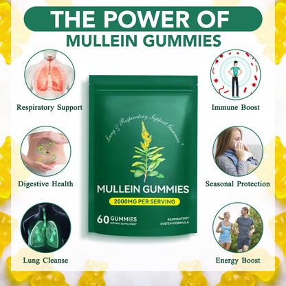 MXCZBSM 60 Stück Mullein Gummibärchen für die Lunge, 2000 mg Bio-Mullein Blattextrakt für Lungen- und Atemwegsunterstützung, natürliches Mullein Kräuterergänzungsmittel, Birnengeschmack