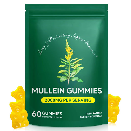 MXCZBSM 60 Stück Mullein Gummibärchen für die Lunge, 2000 mg Bio-Mullein Blattextrakt für Lungen- und Atemwegsunterstützung, natürliches Mullein Kräuterergänzungsmittel, Birnengeschmack