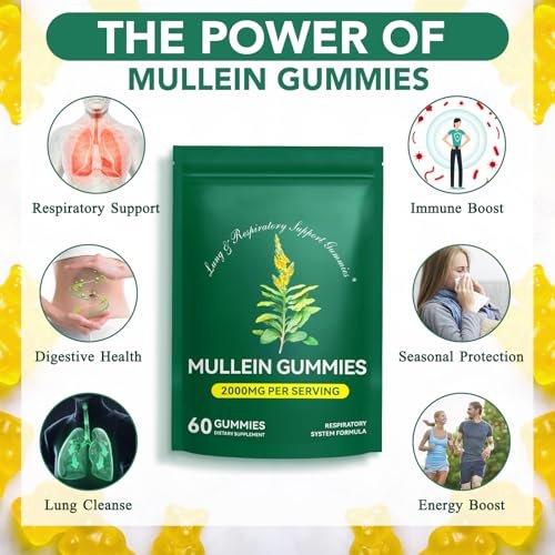 MXCZBSM 60 Stück Mullein Gummibärchen für die Lunge, 2000 mg Bio-Mullein Blattextrakt für Lungen- und Atemwegsunterstützung, natürliches Mullein Kräuterergänzungsmittel, Birnengeschmack