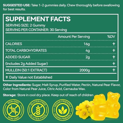 MXCZBSM 60 Stück Mullein Gummibärchen für die Lunge, 2000 mg Bio-Mullein Blattextrakt für Lungen- und Atemwegsunterstützung, natürliches Mullein Kräuterergänzungsmittel, Birnengeschmack