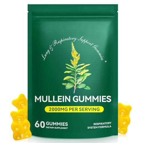 MXCZBSM 60 Stück Mullein Gummibärchen für die Lunge, 2000 mg Bio-Mullein Blattextrakt für Lungen- und Atemwegsunterstützung, natürliches Mullein Kräuterergänzungsmittel, Birnengeschmack