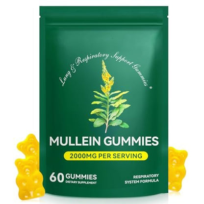 MXCZBSM 60 Stück Mullein Gummibärchen für die Lunge, 2000 mg Bio-Mullein Blattextrakt für Lungen- und Atemwegsunterstützung, natürliches Mullein Kräuterergänzungsmittel, Birnengeschmack