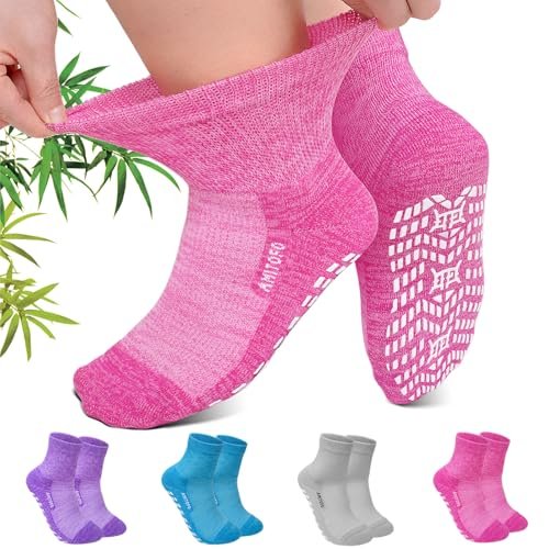 CaiDieNu Rutschfeste Diabetiker-Knöchelsocken: Bambusviskose, nicht einschnürend, Krankenhaus-Socken mit Griff für Damen, Herren, Senioren, Ödeme, 4 Paar, 9-15, Mischfarben, Large