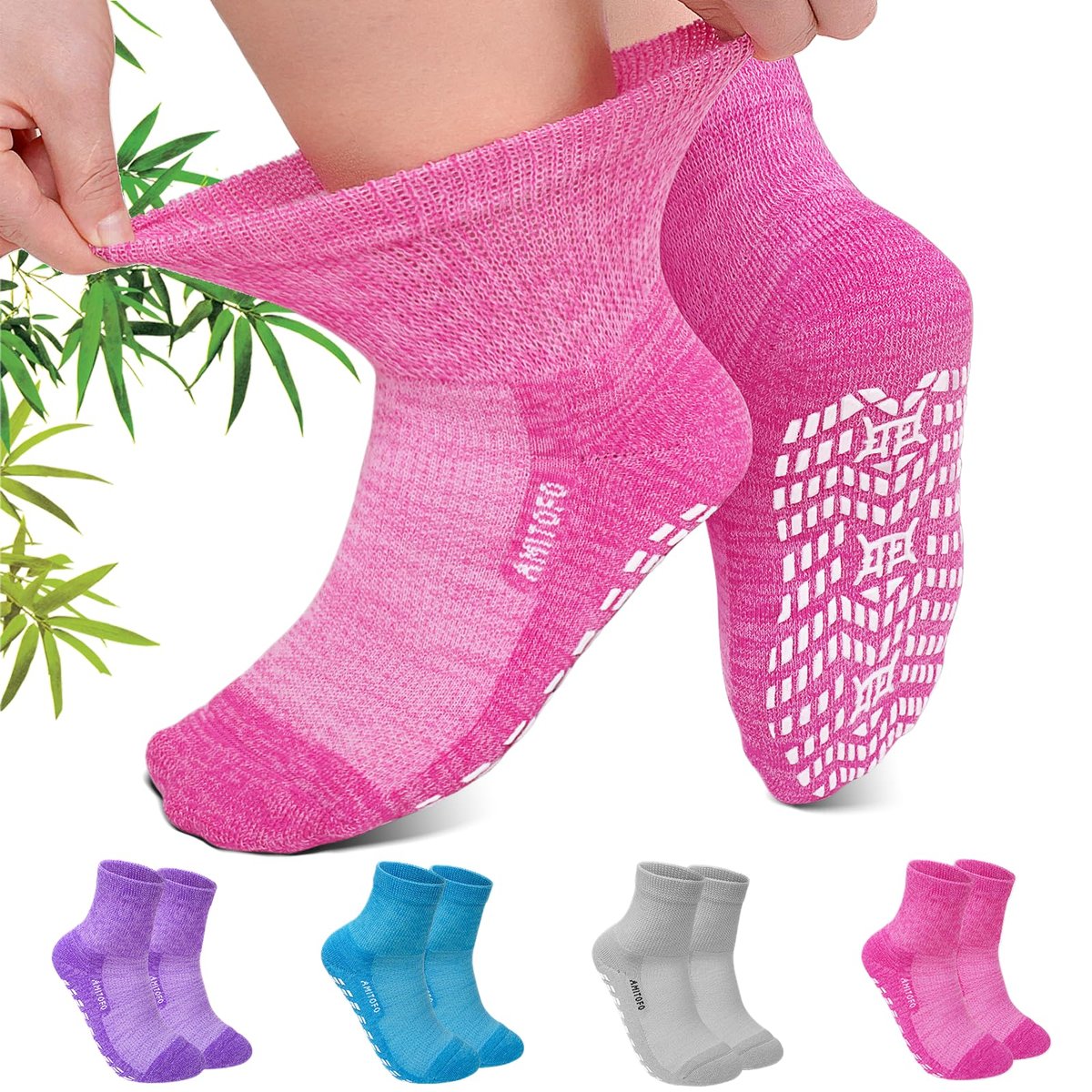 CaiDieNu Rutschfeste Diabetiker-Knöchelsocken: Bambusviskose, nicht einschnürend, Krankenhaus-Socken mit Griff für Damen, Herren, Senioren, Ödeme, 4 Paar, 9-15, Mischfarben, Large