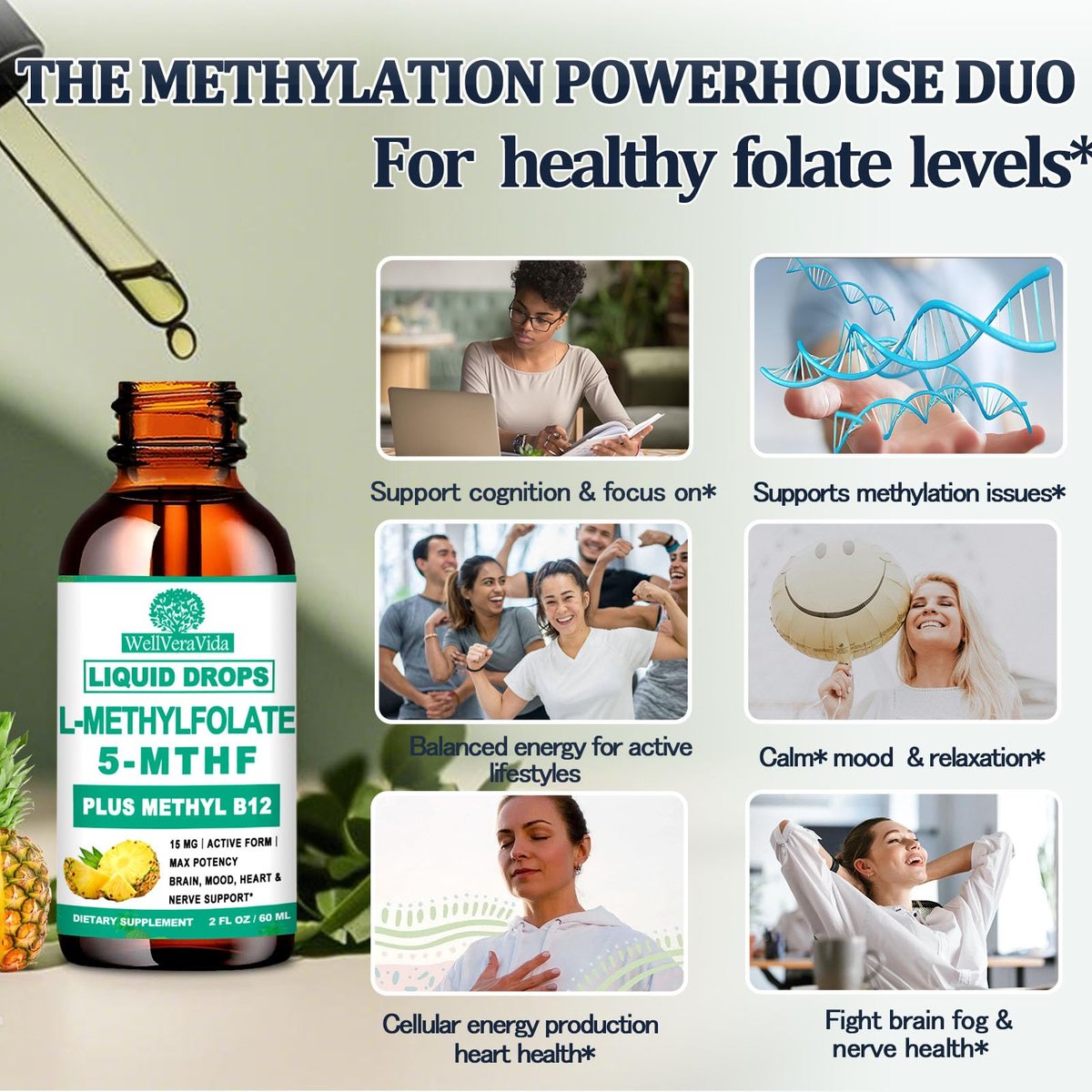 Methylfolat 15 mg plus Methyl B12, B6, B2 Multivitamin – bioaktives 5-MTHF für Stimmung, Homocystein, Methylierung, Kognition, Energie & Nerven – für Erwachsene & Kinder