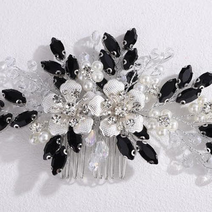Lenjicons Zarter Strass-Perlen-Haarkamm mit schwarzen Blumen und Silberblüten – Perlen-Haarschmuck für Bräute und Brautjungfern