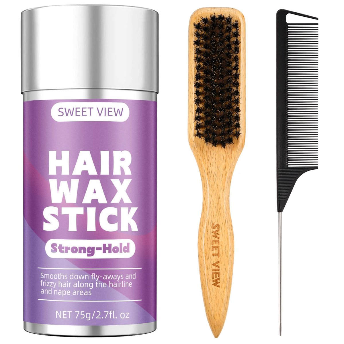 SWEET VIEW Haarwachs-Stick & Wildschweinborsten-Bürste für glatte Frisuren – Bändigt fliegende Haare, Frizz, für elegante Pferdeschwänze und Dutts – Styling-Zubehör für Mädchen und Frauen