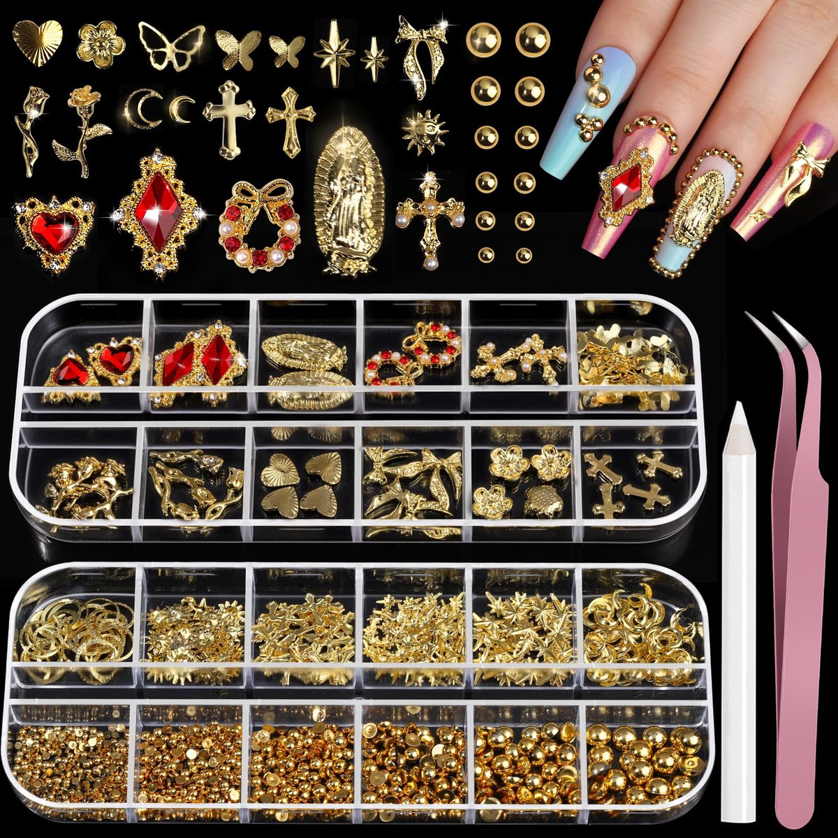 Teenitor Gold Nail Charms mit flachem Rücken, 3D Nagelperlen und Strasssteinen für Nagelkunst-Design, Goldperlen für Nägel mit Herz-Stern-Kreuz-Nagelcharm, Nagelzubehör