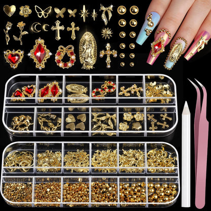 Teenitor Gold Nail Charms mit flachem Rücken, 3D Nagelperlen und Strasssteinen für Nagelkunst-Design, Goldperlen für Nägel mit Herz-Stern-Kreuz-Nagelcharm, Nagelzubehör