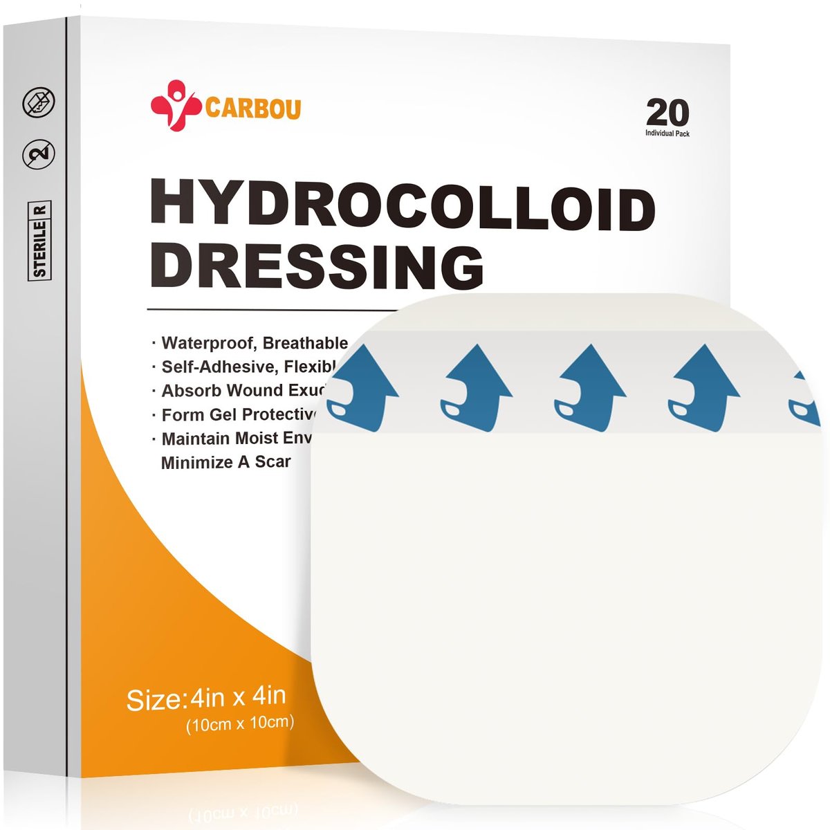 Carbou Hydrokolloid Wundauflage 10x10 cm, 20 Stück einzeln verpackt, selbstklebende, ultra-dünne Hydrokolloid-Bandagen, wasserdicht, saugfähig, für Wundversorgung, Dekubitus, Verbrennungen, Schürfwunden und Blasen