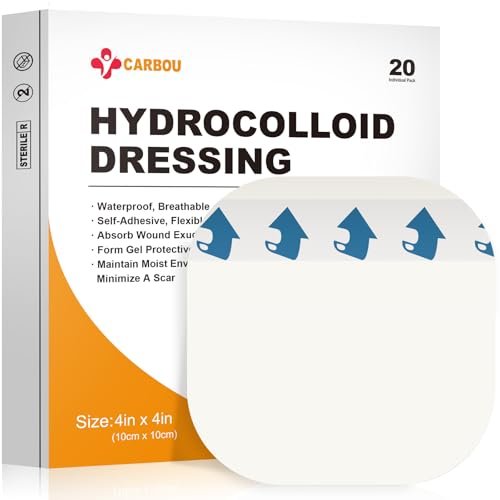 Carbou Hydrokolloid Wundauflage 10x10 cm, 20 Stück einzeln verpackt, selbstklebende, ultra-dünne Hydrokolloid-Bandagen, wasserdicht, saugfähig, für Wundversorgung, Dekubitus, Verbrennungen, Schürfwunden und Blasen