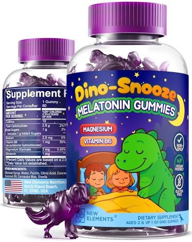 New Elements Melatonin Gummies für Kinder 2mg mit Magnesiumglycinat & Vitamin B6 | Schlafgummis für Kinder | Dinosaurier-förmige Schlafunterstützung | Natürlicher Traubengeschmack | Zuckerfrei | Ohne Gentechnik | Glutenfrei