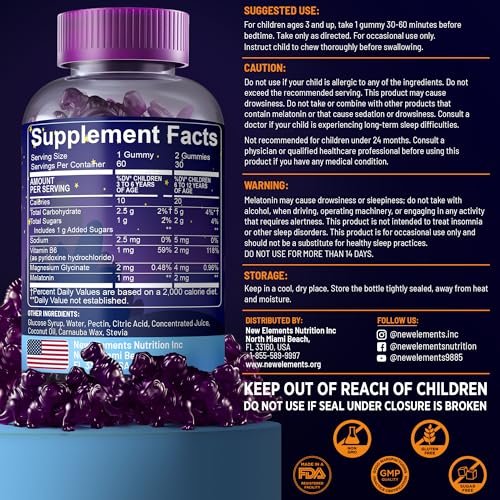 New Elements Melatonin Gummies für Kinder 2mg mit Magnesiumglycinat & Vitamin B6 | Schlafgummis für Kinder | Dinosaurier-förmige Schlafunterstützung | Natürlicher Traubengeschmack | Zuckerfrei | Ohne Gentechnik | Glutenfrei