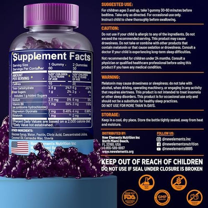 New Elements Melatonin Gummies für Kinder 2mg mit Magnesiumglycinat & Vitamin B6 | Schlafgummis für Kinder | Dinosaurier-förmige Schlafunterstützung | Natürlicher Traubengeschmack | Zuckerfrei | Ohne Gentechnik | Glutenfrei