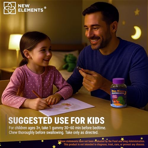 New Elements Melatonin Gummies für Kinder 2mg mit Magnesiumglycinat & Vitamin B6 | Schlafgummis für Kinder | Dinosaurier-förmige Schlafunterstützung | Natürlicher Traubengeschmack | Zuckerfrei | Ohne Gentechnik | Glutenfrei