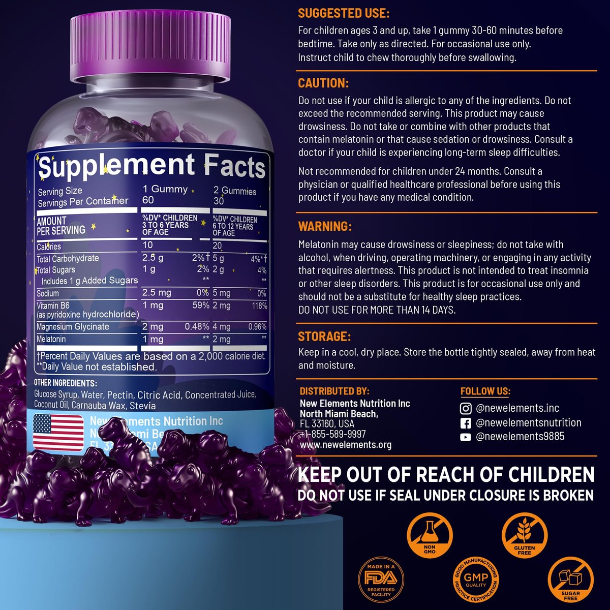 New Elements Melatonin Gummies für Kinder 2mg mit Magnesiumglycinat & Vitamin B6 | Schlafgummis für Kinder | Dinosaurier-förmige Schlafunterstützung | Natürlicher Traubengeschmack | Zuckerfrei | Ohne Gentechnik | Glutenfrei