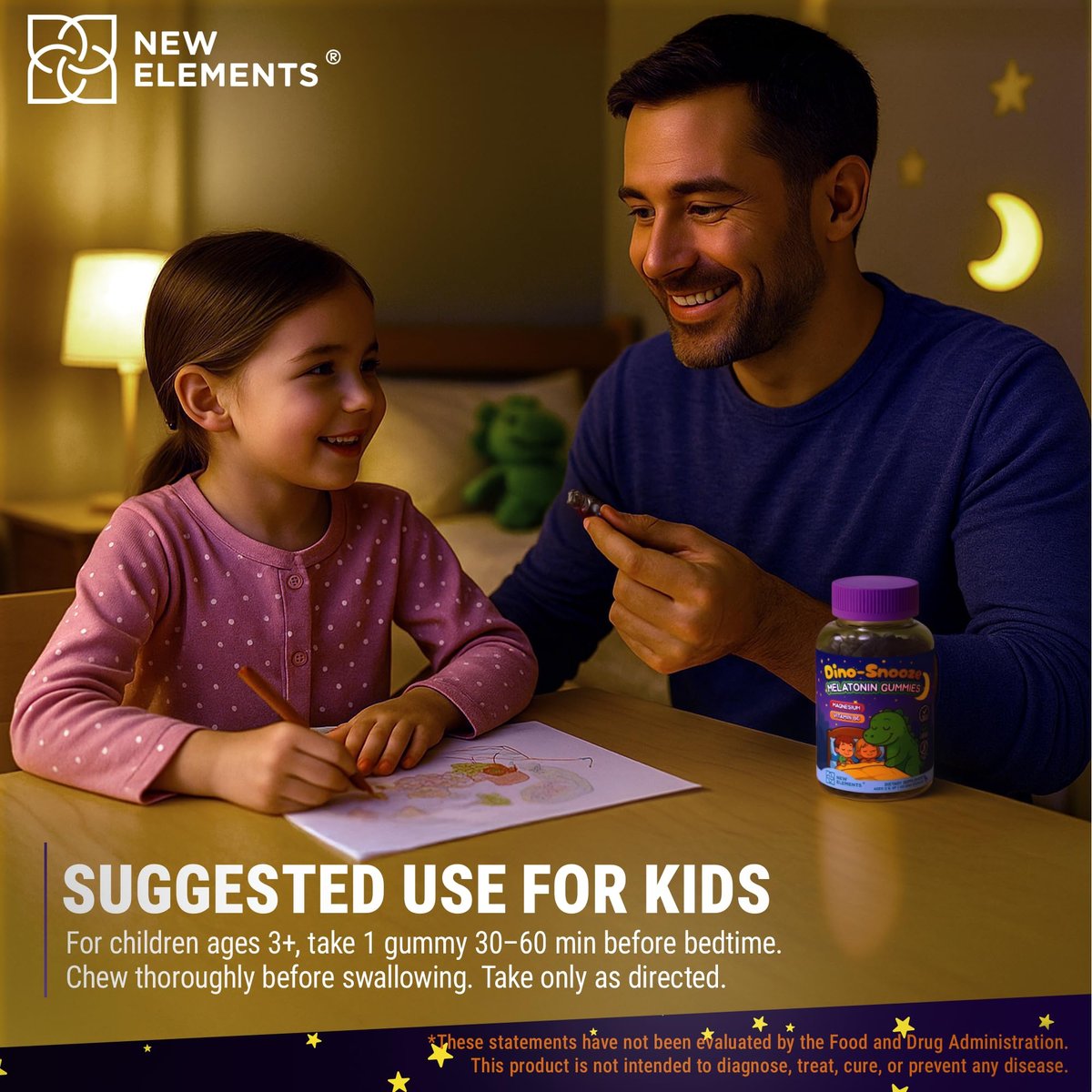 New Elements Melatonin Gummies für Kinder 2mg mit Magnesiumglycinat & Vitamin B6 | Schlafgummis für Kinder | Dinosaurier-förmige Schlafunterstützung | Natürlicher Traubengeschmack | Zuckerfrei | Ohne Gentechnik | Glutenfrei
