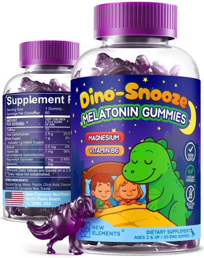 New Elements Melatonin Gummies für Kinder 2mg mit Magnesiumglycinat & Vitamin B6 | Schlafgummis für Kinder | Dinosaurier-förmige Schlafunterstützung | Natürlicher Traubengeschmack | Zuckerfrei | Ohne Gentechnik | Glutenfrei