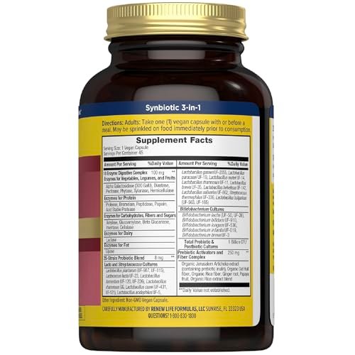 Renew Life Ultimate Flora Verdauungsenzyme mit Probiotika und Präbiotika | Ärztlich formuliert | 45 vegane Kapseln | Lindert gelegentliche Blähungen, Völlegefühl und Unwohlsein | Milch-, soja- und glutenfrei