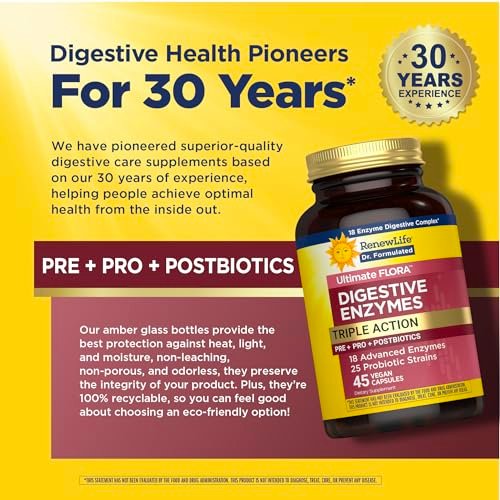 Renew Life Ultimate Flora Verdauungsenzyme mit Probiotika und Präbiotika | Ärztlich formuliert | 45 vegane Kapseln | Lindert gelegentliche Blähungen, Völlegefühl und Unwohlsein | Milch-, soja- und glutenfrei