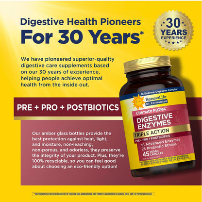 Renew Life Ultimate Flora Verdauungsenzyme mit Probiotika und Präbiotika | Ärztlich formuliert | 45 vegane Kapseln | Lindert gelegentliche Blähungen, Völlegefühl und Unwohlsein | Milch-, soja- und glutenfrei