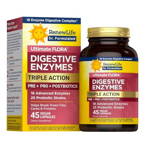 Renew Life Ultimate Flora Verdauungsenzyme mit Probiotika und Präbiotika | Ärztlich formuliert | 45 vegane Kapseln | Lindert gelegentliche Blähungen, Völlegefühl und Unwohlsein | Milch-, soja- und glutenfrei