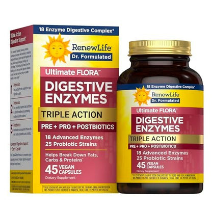Renew Life Ultimate Flora Verdauungsenzyme mit Probiotika und Präbiotika | Ärztlich formuliert | 45 vegane Kapseln | Lindert gelegentliche Blähungen, Völlegefühl und Unwohlsein | Milch-, soja- und glutenfrei