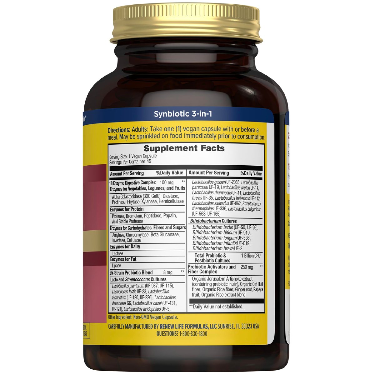 Renew Life Ultimate Flora Verdauungsenzyme mit Probiotika und Präbiotika | Ärztlich formuliert | 45 vegane Kapseln | Lindert gelegentliche Blähungen, Völlegefühl und Unwohlsein | Milch-, soja- und glutenfrei