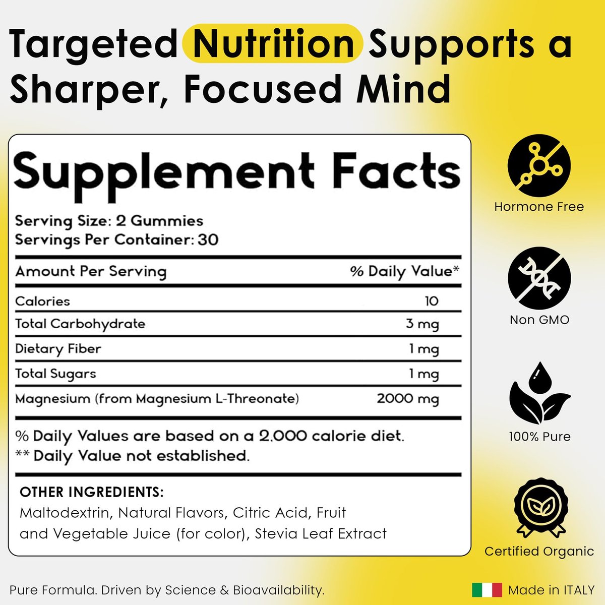 Magnesium-L-Threonat-Gummibärchen für Erwachsene & Kinder 2000 mg – Gehirn-Nahrungsergänzung für Gedächtnis und Konzentration – Beruhigende Magnesium-Gummis für besseren Schlaf und einen gesunden Geist – 60 Stück (Packung mit 1)