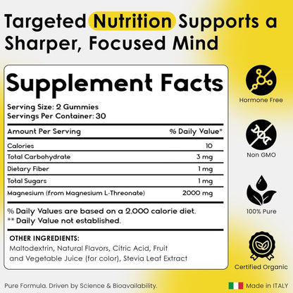 Magnesium-L-Threonat-Gummibärchen für Erwachsene & Kinder 2000 mg – Gehirn-Nahrungsergänzung für Gedächtnis und Konzentration – Beruhigende Magnesium-Gummis für besseren Schlaf und einen gesunden Geist – 60 Stück (Packung mit 1)