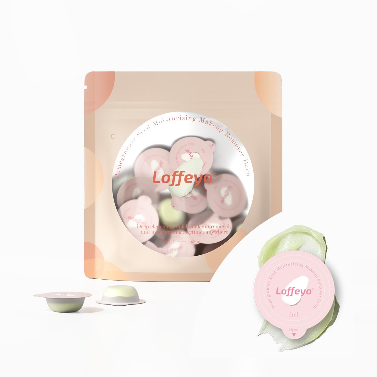 Loffeyo 30er-Pack Reisegröße Reinigungsbalsam, Make-up-Entferner in einzeln verpackten Pods, sanft & feuchtigkeitsspendend mit Granatapfelextrakt, auslaufsicher & reisefreundlich, für alle Hauttypen, für Hotels
