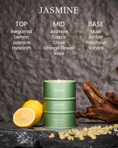 M&SENSE Jasmin Duftkerze, natürlich, nicht giftig, 11,3 oz, 70 Stunden Brenndauer, Aromatherapie-Kerze für Stressabbau, Meditation, Entspannung, Geschenk für Männer und Frauen