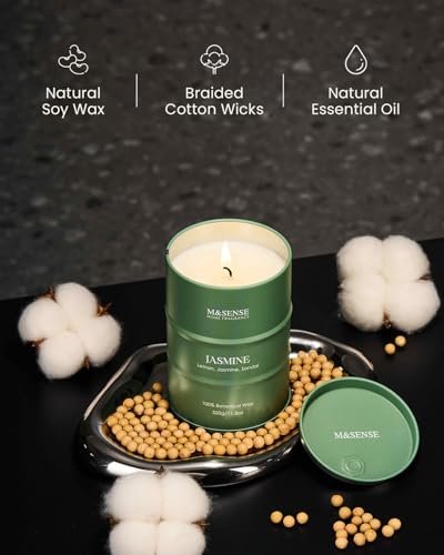 M&SENSE Jasmin Duftkerze, natürlich, nicht giftig, 11,3 oz, 70 Stunden Brenndauer, Aromatherapie-Kerze für Stressabbau, Meditation, Entspannung, Geschenk für Männer und Frauen