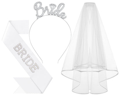 Papoopy 3-teiliges Braut Stirnband mit Schärpe und Schleier für Junggesellinnenabschied, Brautparty-Dekoration, Geschenke, Mitbringsel - Silber