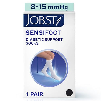 JOBST SensiFoot Diabetische Kompressionsstrümpfe für Damen und Herren 8-15 mmHg mit nahtloser Zehenpartie und Feuchtigkeitsmanagement - Extra Polsterung im Zehen-, Fuß- und Fersenbereich - Kniestrümpfe - Geschlossene Spitze - Schwarz, Large