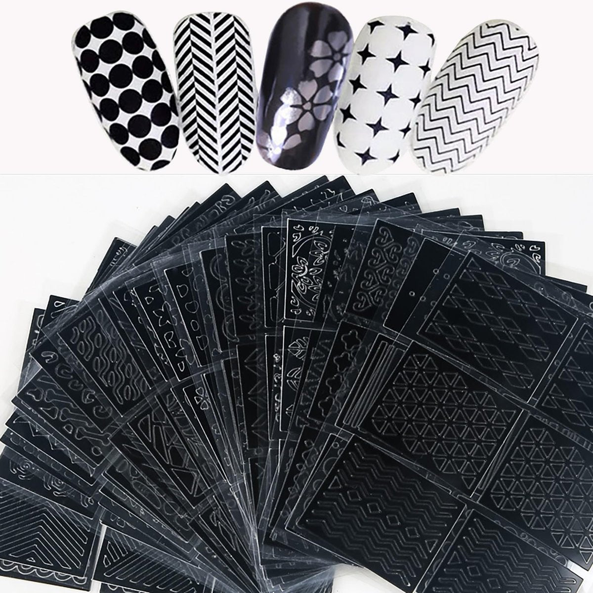 Wiederverwendbare Nagelschablonen für Nagelkunst - 144 Stück mit 72 einzigartigen Designs, DIY French-Tipp-Führungen & Maniküre-Decals für professionelle Salonqualität zu Hause