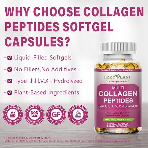 Multi-Kollagen-Peptide Softgel - Typ I, II, III, V, X - Hydrolysierte Kollagenpeptide mit Biotin, Vitamin C, Hyaluronsäure für Frauen & Männer - Unterstützt Haut, Haare, Nägel & Gelenke - Nicht-GVO, 60 Portionen