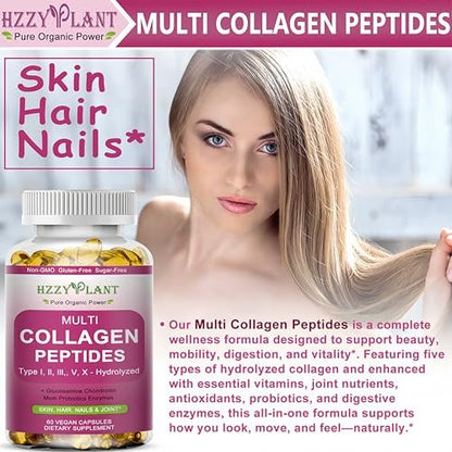 Multi-Kollagen-Peptide Softgel - Typ I, II, III, V, X - Hydrolysierte Kollagenpeptide mit Biotin, Vitamin C, Hyaluronsäure für Frauen & Männer - Unterstützt Haut, Haare, Nägel & Gelenke - Nicht-GVO, 60 Portionen