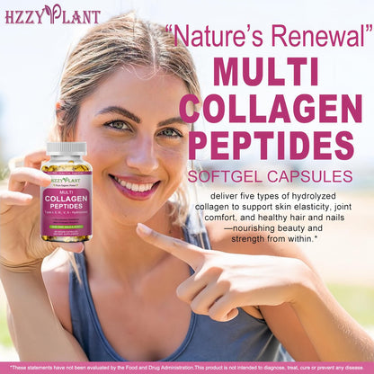 Multi-Kollagen-Peptide Softgel - Typ I, II, III, V, X - Hydrolysierte Kollagenpeptide mit Biotin, Vitamin C, Hyaluronsäure für Frauen & Männer - Unterstützt Haut, Haare, Nägel & Gelenke - Nicht-GVO, 60 Portionen
