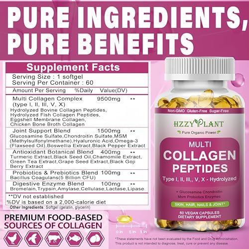Multi-Kollagen-Peptide Softgel - Typ I, II, III, V, X - Hydrolysierte Kollagenpeptide mit Biotin, Vitamin C, Hyaluronsäure für Frauen & Männer - Unterstützt Haut, Haare, Nägel & Gelenke - Nicht-GVO, 60 Portionen