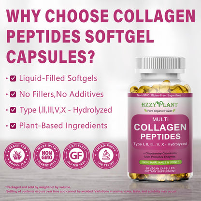 Multi-Kollagen-Peptide Softgel - Typ I, II, III, V, X - Hydrolysierte Kollagenpeptide mit Biotin, Vitamin C, Hyaluronsäure für Frauen & Männer - Unterstützt Haut, Haare, Nägel & Gelenke - Nicht-GVO, 60 Portionen