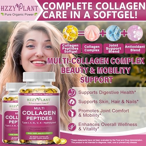 Multi-Kollagen-Peptide Softgel - Typ I, II, III, V, X - Hydrolysierte Kollagenpeptide mit Biotin, Vitamin C, Hyaluronsäure für Frauen & Männer - Unterstützt Haut, Haare, Nägel & Gelenke - Nicht-GVO, 60 Portionen