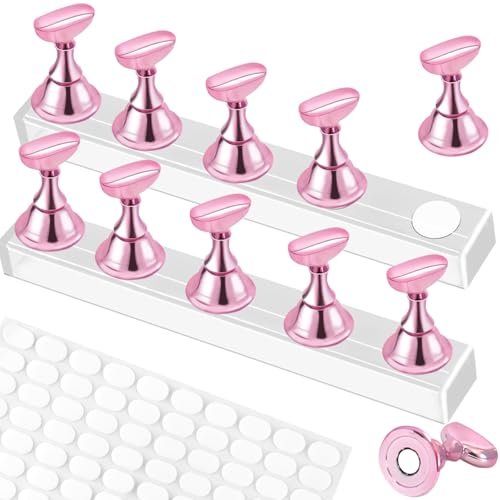 2er Set Nagelständer, Nagelhalter mit 100 Stück doppelseitigem Klebeband, Press-on-Nagelständer, Nagelpraxishand, Nagelhalter zum Lackieren, für Nagelkunst-Display, Heim-DIY-Anfänger, Salonbedarf (Pink)
