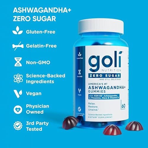 Goli Zero Sugar Ashwagandha Gummis mit KSM-66, L-Theanin, Maca und Vitamin D – Ohne Zuckeralkohole – Vegan, Keto-freundlich, Nicht-GVO