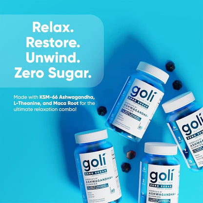 Goli Zero Sugar Ashwagandha Gummis mit KSM-66, L-Theanin, Maca und Vitamin D – Ohne Zuckeralkohole – Vegan, Keto-freundlich, Nicht-GVO