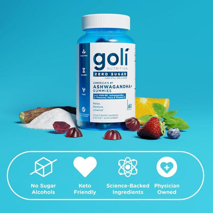 Goli Zero Sugar Ashwagandha Gummis mit KSM-66, L-Theanin, Maca und Vitamin D – Ohne Zuckeralkohole – Vegan, Keto-freundlich, Nicht-GVO