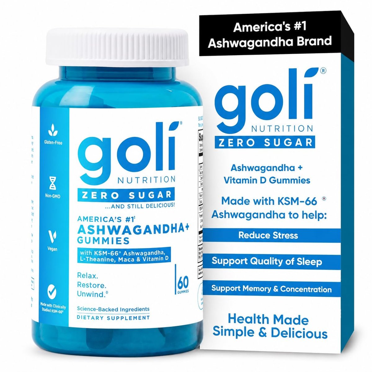 Goli Zero Sugar Ashwagandha Gummis mit KSM-66, L-Theanin, Maca und Vitamin D – Ohne Zuckeralkohole – Vegan, Keto-freundlich, Nicht-GVO