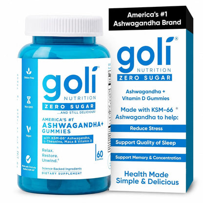 Goli Zero Sugar Ashwagandha Gummis mit KSM-66, L-Theanin, Maca und Vitamin D – Ohne Zuckeralkohole – Vegan, Keto-freundlich, Nicht-GVO