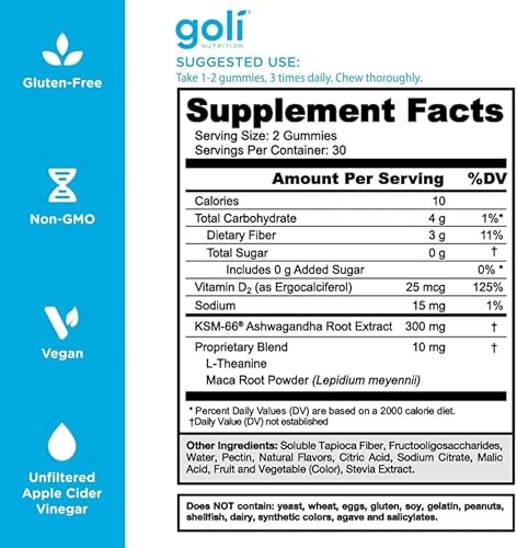 Goli Zero Sugar Ashwagandha Gummis mit KSM-66, L-Theanin, Maca und Vitamin D – Ohne Zuckeralkohole – Vegan, Keto-freundlich, Nicht-GVO